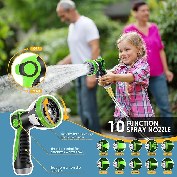 25 FT Stainless Steel Garden Hose with 10-Function Spray Nozzle, Kink-Free Flexible Metal Water Hose, Solid Brass 3/4'' Connectors, Heavy Duty, Durable, Leak-Proof, Lightweight, Tangle-Free