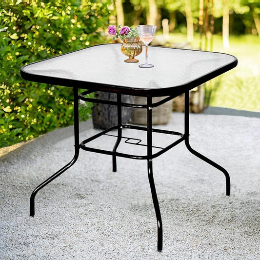 DIMAR GARDEN 32" Outdoor Coffee Table with Umbrella Hole, Patio Square Side Bistro Table with Glass Top, Black