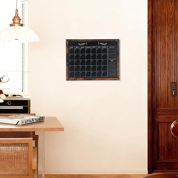 Chalkboard Calendar for Wall, Small Rustic Framed Magnetic Chalkboard for Home
