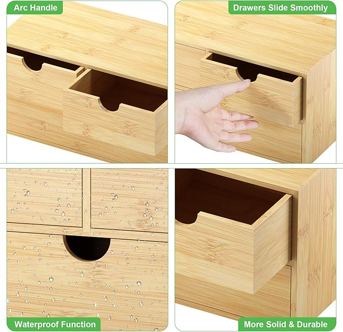 Bamboo Desk Organizer with Drawers - Small Desktop Countertop Mini Tabletop Storage Container - No Assembly Required