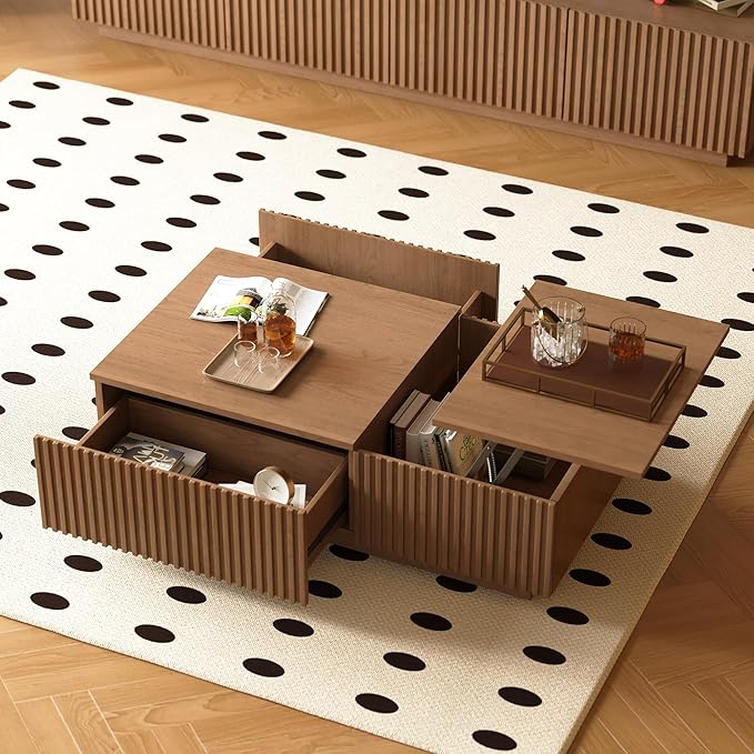 NessCarsti 51.1" Mid-Century Modern Lift Top Coffee Table, Walnut Rectangular Center Table with Hidden Storage & Drawers, for Living Room, Apartment, Office