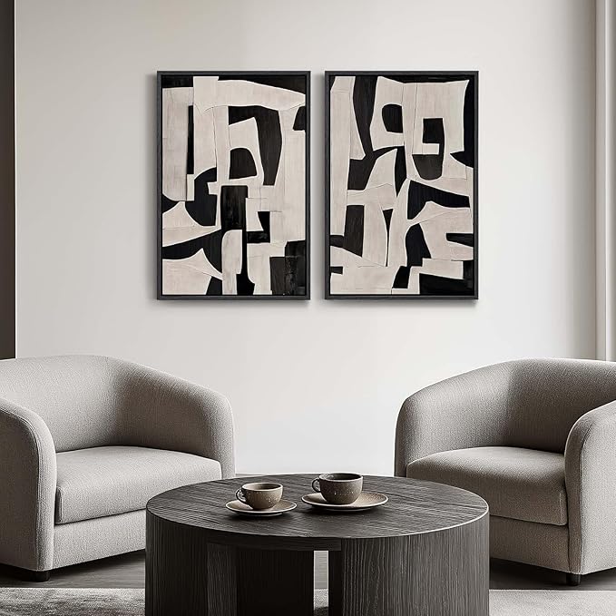 Large Framed Black and Beige Abstract Wall Art, Modern Art Prints Pictures