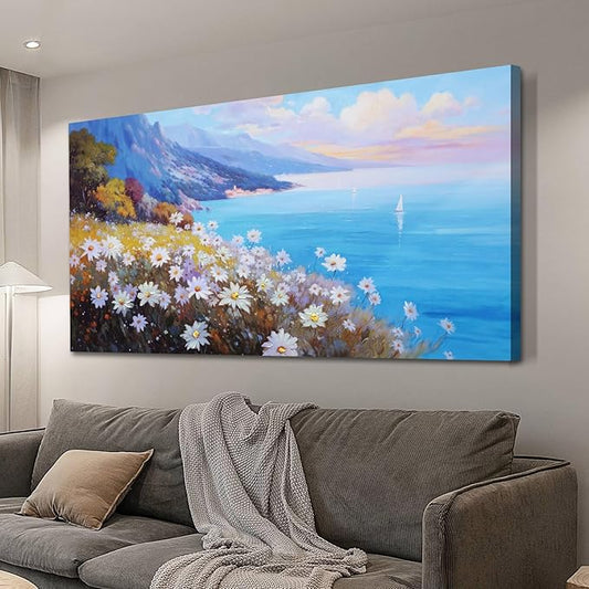 Anolyfi Coastal Landscape Wall Art Nature Flower Mountain Canvas Painting Blue