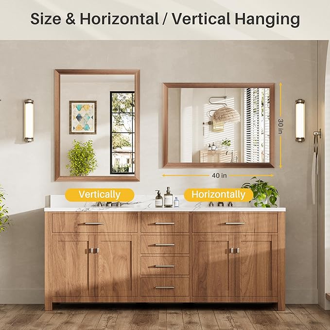 40x30 Inch Bathroom Mirror for Wall, Anti-Rust Walnut Wood Grain Metal Framed