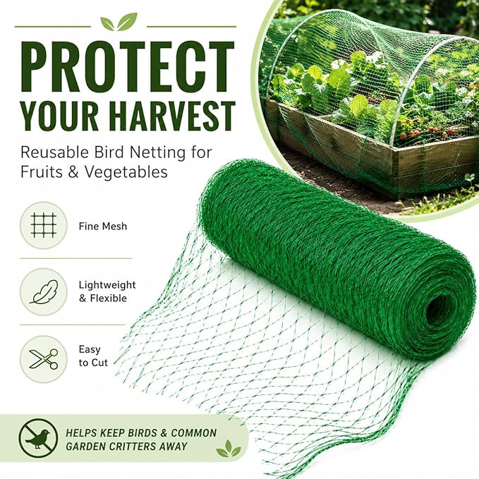 Garden Netting, 13 x 65 FT Bird Netting for Garden Plant Protection, Reusable Fine Mesh for Fruit Trees, Vegetable Plants, Blueberry Bushes, Raised Beds, Chicken Coop (13x65ft)