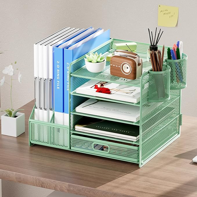 Marbrasse Desk Organizer with File Holder, 5-Tier Paper Letter Tray Organizer with Drawer and 2 Pen Holder, Mesh Desktop Organizer and Storage with Magazine Holder for Office Supplies (Green)