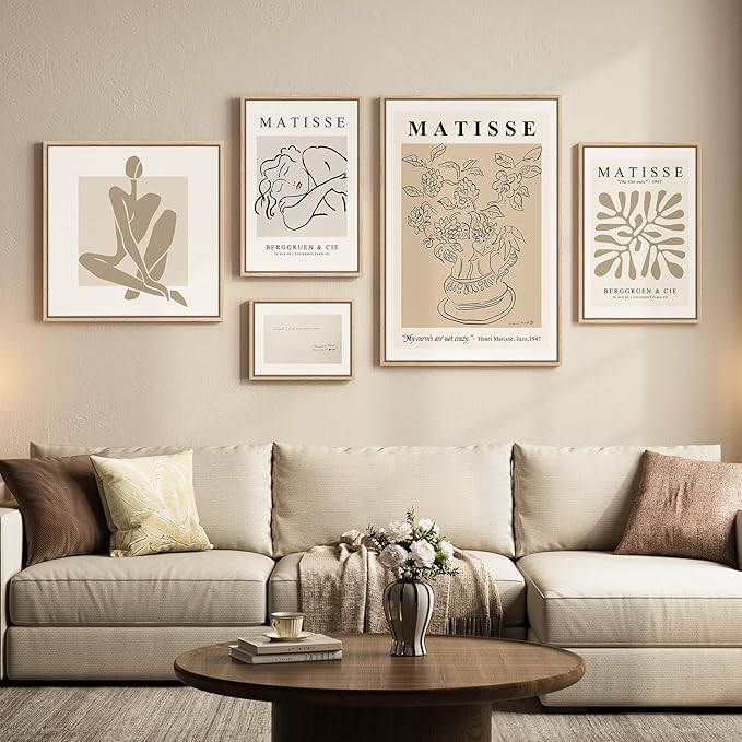 Large Framed Matisse Wall Art Set of 5, Neutral Beige Abstract Geometric