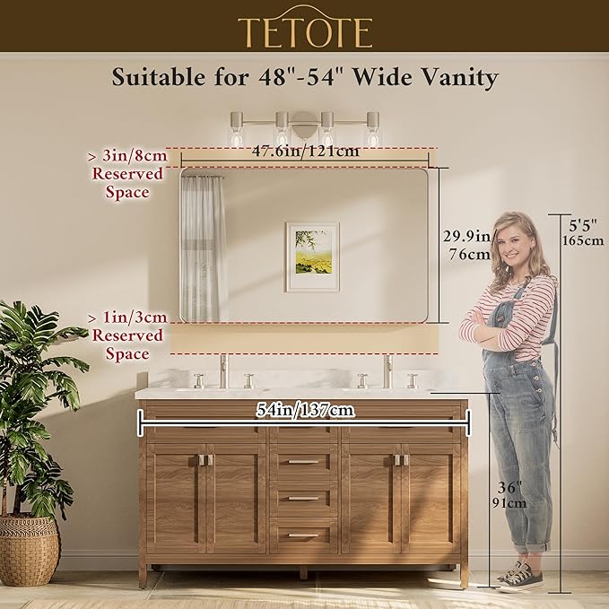 TETOTE 48 x 30 Inch Bathroom Mirror, Brushed Gold Metal Framed Wall Mounted
