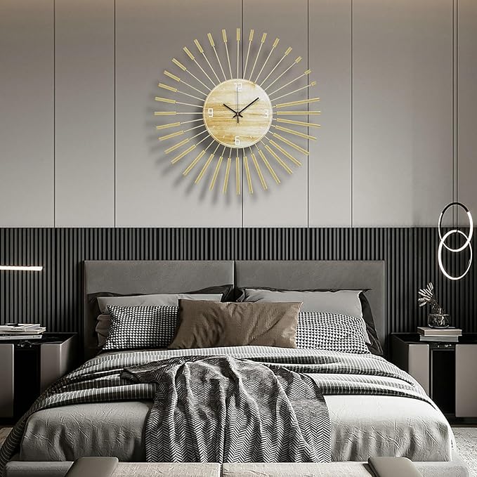 23.6 inch Gold Starburst Wall Clock, Metal & Wood Mid Century Modern Decorative