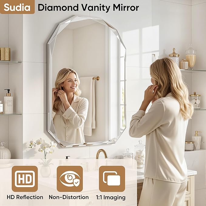 Suidia Bathroom Mirror, Frameless Bathroom Mirror