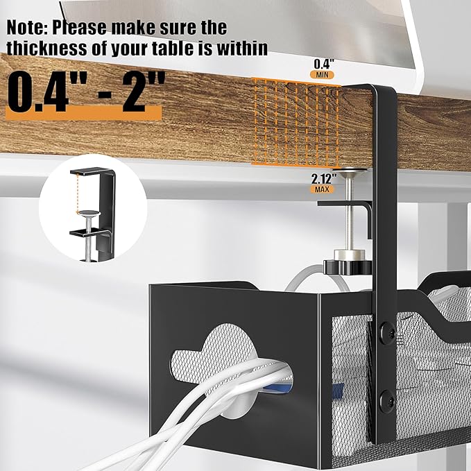 Under Desk Cable Management Tray 15.95", Quszmd Cable Organizer No Drill, Standing Cord Organizer and Wire Management Tray - No Damage to Desk, Black