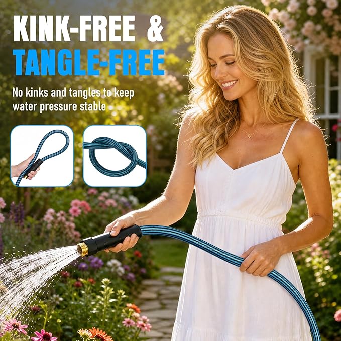 NON-EXPANDABLE Garden Hose 75 ft, Heavy Duty Flexible Water Hose, Kink Resistant Lightweight Hybrid Hose with Durable Fabric Skin, Leakproof Hose Male to Female Fittings