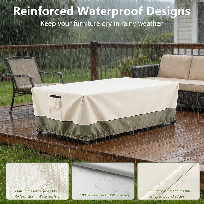 84 Inch Rectangular/Oval Patio Table Cover,Heavy Duty Waterproof Outdoor Dining Table Cover, Patio Furniture Covers, Beige