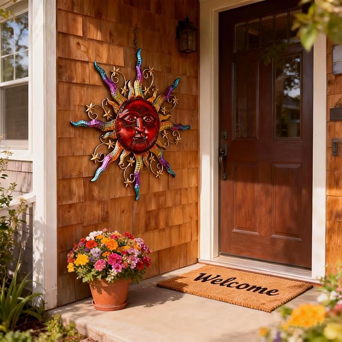TERESA'S COLLECTIONS Outdoor Sun Metal Wall Art for Outdoor Decor,32" Red Sun Face 3D Wall Decor for Garden Decor,Rustic Retro Hanging Sculpture for Outside indoor Home Patio Farmhouse Gifts for Mom