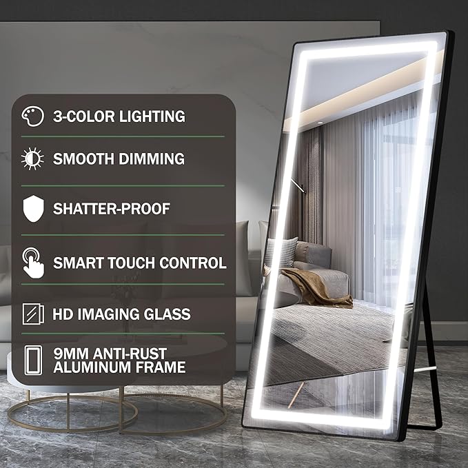 FENNIO Full Length Mirror with Lights, Free Standing Lighted Floor Mirror