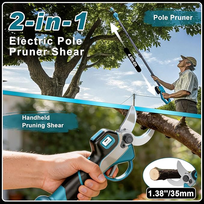 Cordless Electric Pruning Shears: 2-in-1 Pole Pruner with 21V 2×2000mAh Batteries, 14FT Reach, 1.9" Opening Diameter, 1000W Brushless Branch Cutter, SK5 Blade + Extra Blade for Gardening Trimming