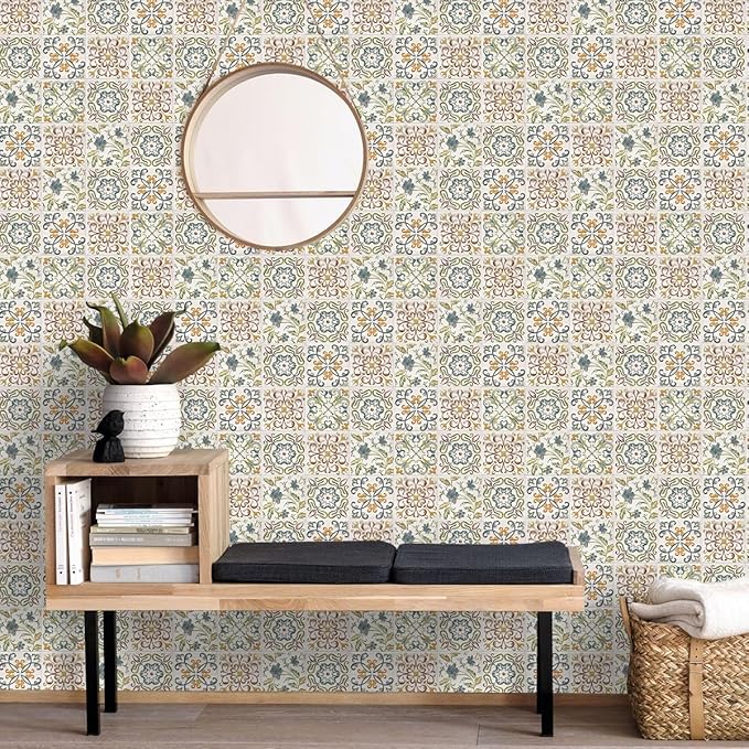Wudnaye Bohemian Wallpaper Peel and Stick Faux Tile Contact Paper 17”×393” Tile