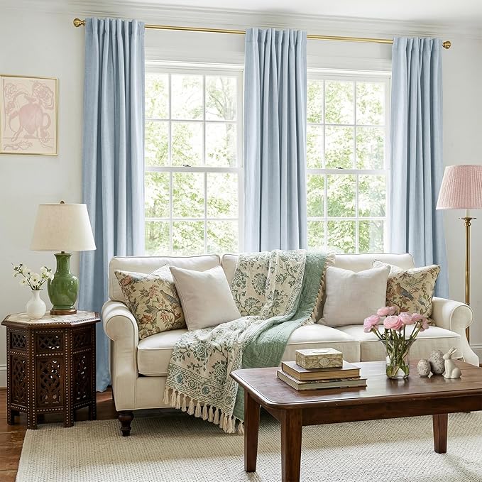 100% Blackout Shield Chambray Blue Linen Blackout Curtains