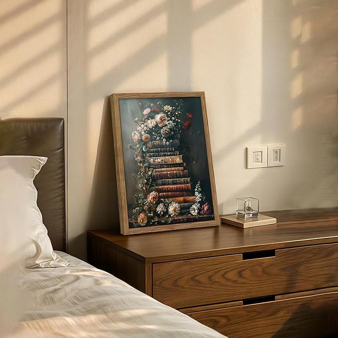 Vintage Framed Wall Art Flowers Books Canvas Prints, Dark Academia Wildflowers