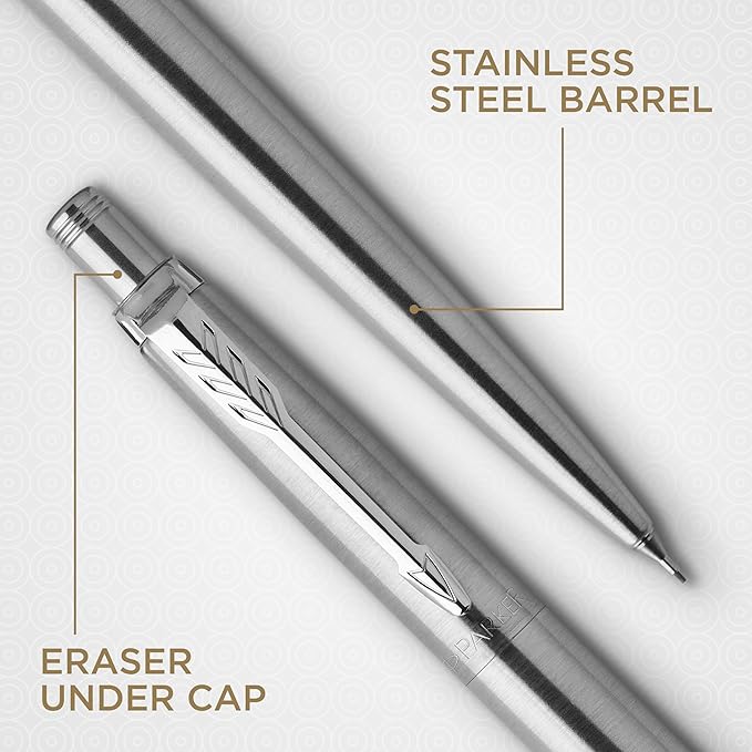 Parker Jotter Mechanical Pencil, Stainless Steel with Chrome Trim, 0.5mm, HB #2 - Smooth Writing, Signature Design, Stationary, Desk Essentials