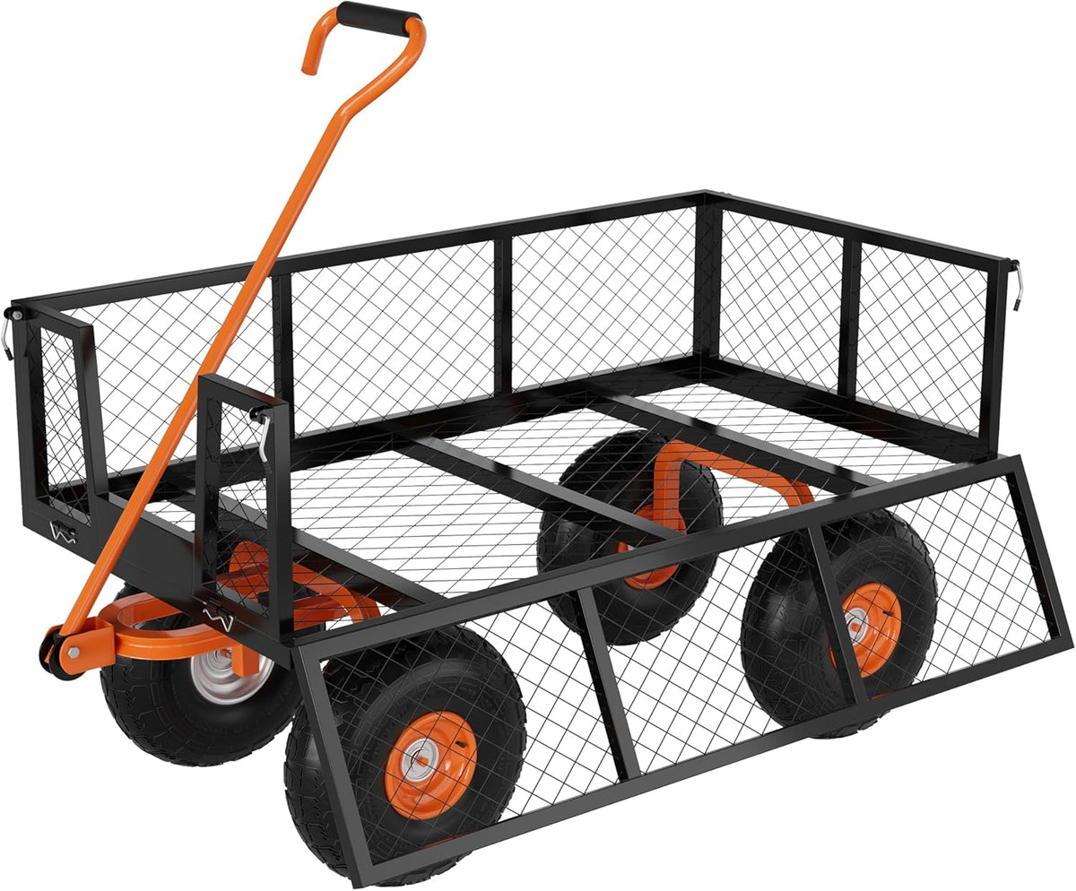 Heavy Duty Steel Garden Cart, 500 LBS Capacity 3 in 1 Pullable Garden Wagon with 10" Wheels, for Gardening Soil, Tools, and Plant Transport