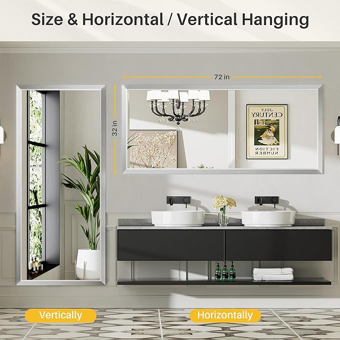 72x32 Inch Brushed Silver Bathroom Mirror