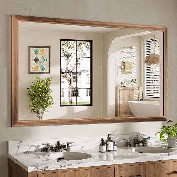 60x36 Inch Bathroom Mirror for Wall, Anti-Rust Walnut Wood Grain Metal Framed