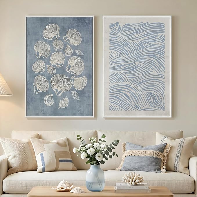 Framed Abstract Coastal Blue White Wall Art