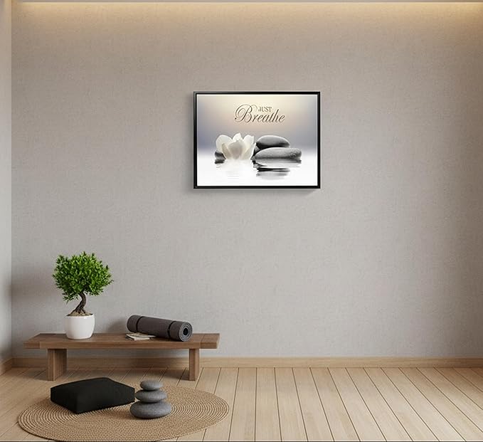 Floating Framed Zen Wall Art, Just Breathe Stone Poster Picture