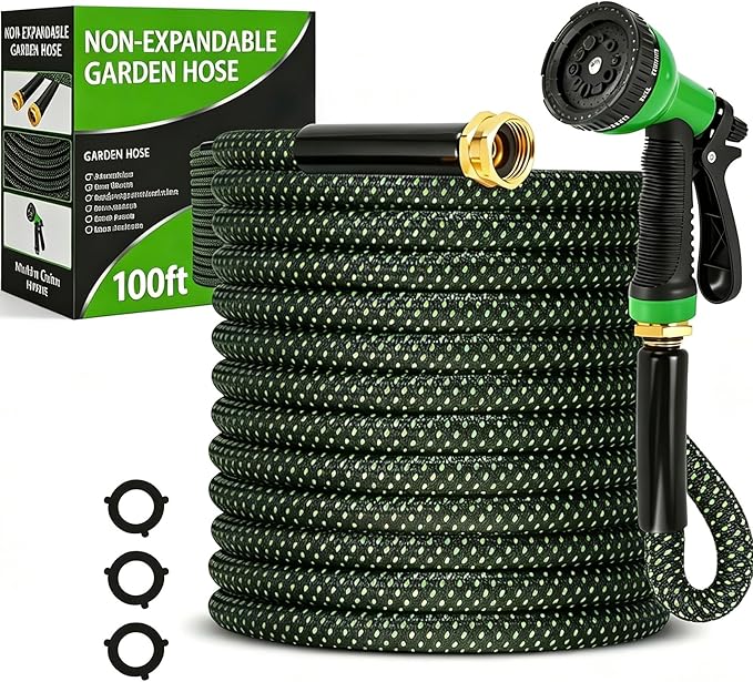 Garden Hose 100ft, Non-Expanding Flexible Hose, Lightweight, Kink Free, Sturdy, Leak-Proof, Portable, Water Hose with 10 Function Nozzle for Outdoor, Yard, Lawn, Car Wash and Camper Use