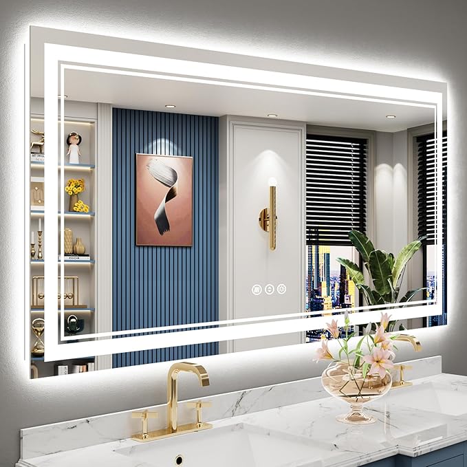 60x28 LED Bathroom Mirror with Lights, Backlit and Front Lit Anti-Fog Lighted