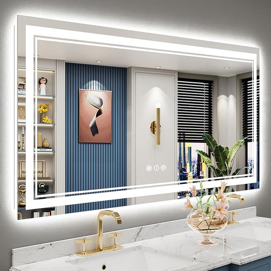 60x28 LED Bathroom Mirror with Lights, Backlit and Front Lit Anti-Fog Lighted