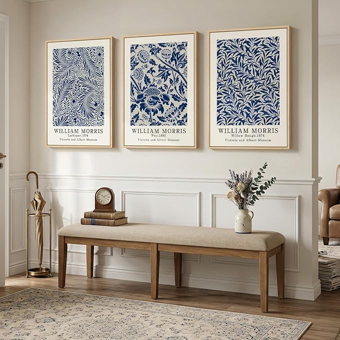 Large Framed Blue William Morris Wall Art Set of 3, Vintage Botanical Floral