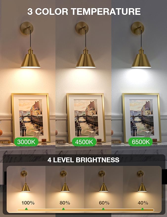 NIORSUN Brushed Gold Battery Operated Wall Sconce Set of 2, 5200mAh Dimmable