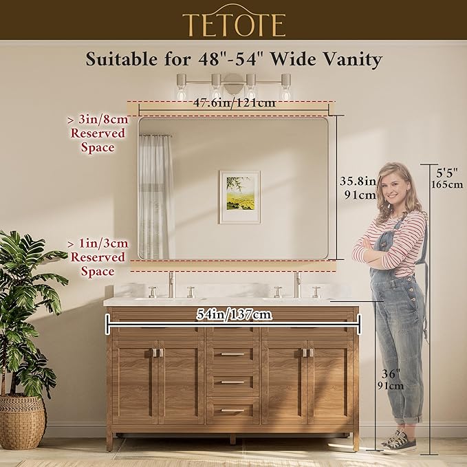 TETOTE 48 x 36 Inch Gold Bathroom Mirror, Champagne Gold Brushed Metal Framed