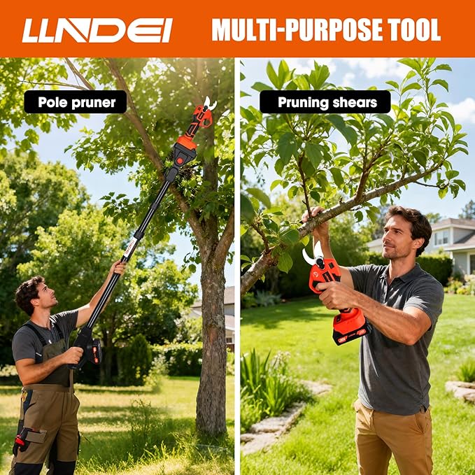LLNDEI 2 IN 1 Brushless Pole Pruning Shear, 1.6'' Cutting Diameter, Electric Tree Pruner, 7.5Ft Reach, Battery Powered Cordless Electric Pruning for Garden & Flower.