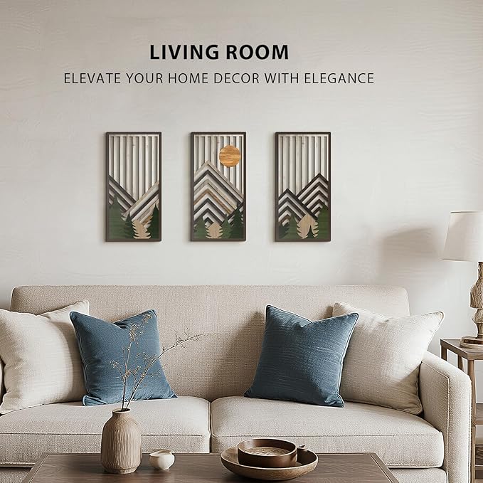 VIYYIEA Boho Solid Wood Carved Wall Art Set of 3, Geometric Minimalist Wooden