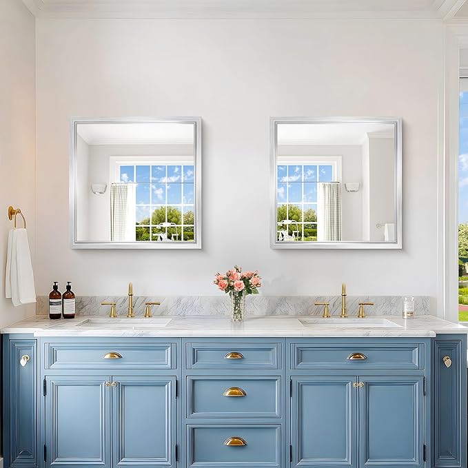 24 x 24 Silver Bathroom Mirror, Brushed Silver Square Mirror