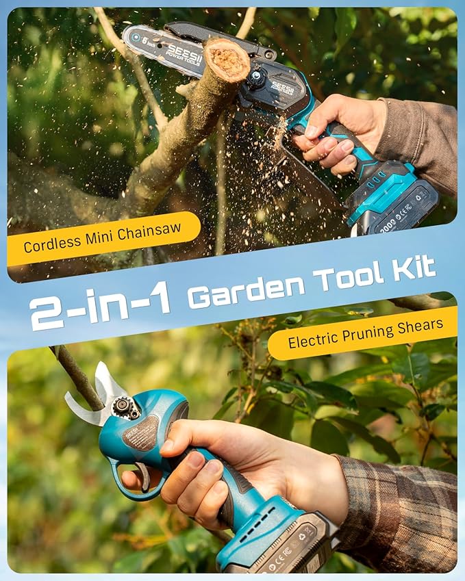 SEESII Mini Chainsaw & Electric Pruning Shears Combo, 6-inch Brushless Handheld Power Chain Saw, 1.2” Cutting Cordless Pruner for Tree Trimming, Tools Kit with 2x2000mAh Batteries, Fast Charger