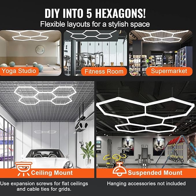 5-Hexagon LED Garage Light, 240W 24800LM Honeycomb Ceiling Light