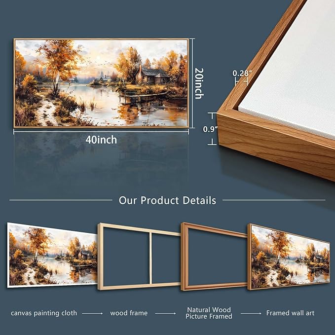 QIYILEXWART Canvas Wall Art For Living Room Wall Decor For Bedroom Office Wall Decoration Lakeside Cabins Autumn Landscape Painting Farmhouse Pictures Artwork Room Aesthetic Home Decor 20x40 In