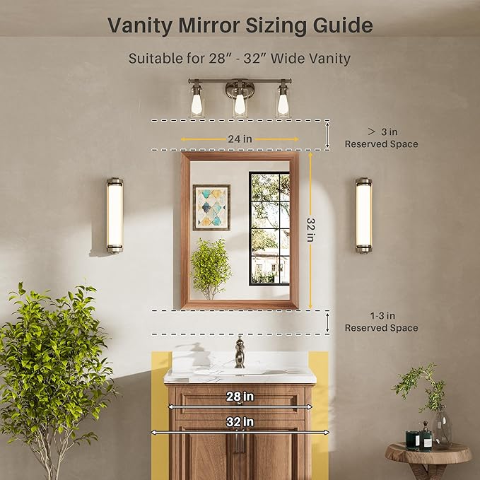 24x32 Inch Bathroom Mirror for Wall, Anti-Rust Walnut Wood Grain Metal Framed
