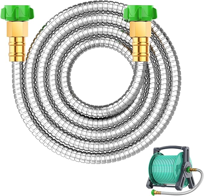 Short Metal Garden Hose 5 ft with Female to Female Connectorï¼ Stainless Steel Small Leader Hose for Hose Reel, Long, Flexible, Lightweight & Heavy Duty Water Pipe, Outdoor Water Hose Extension Adapter