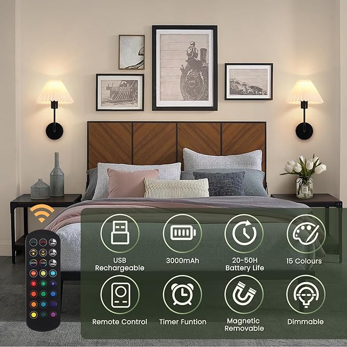 Rechargeable Battery Operated Wall Sconces Sets of 2, 15 Colors Wireless Wall