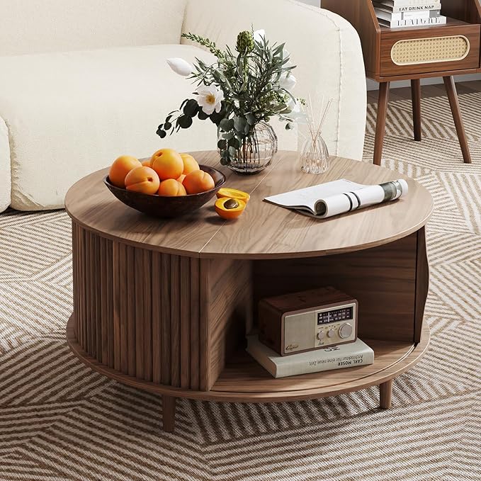 JOINICE,Round Coffee Table with Storage, 31.5" Fluted Center Table for Living Room, Modern Walnut Wood Circle Drum Table with Sliding Cabinet Door, Mid Century Furniture for Small Space