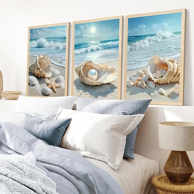 SYWENNOI 3 Piece Wood Framed Beach Wall Art, Sandy Shore, Pearl in Shell