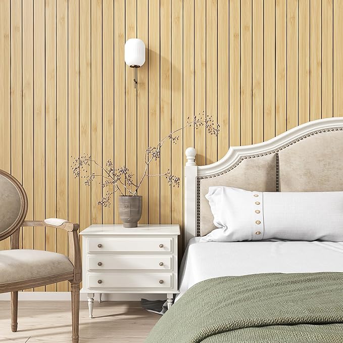 VEELIKE Natural Bamboo Slat Wall Panels Peel and Stick 3D Textured Wood Grain