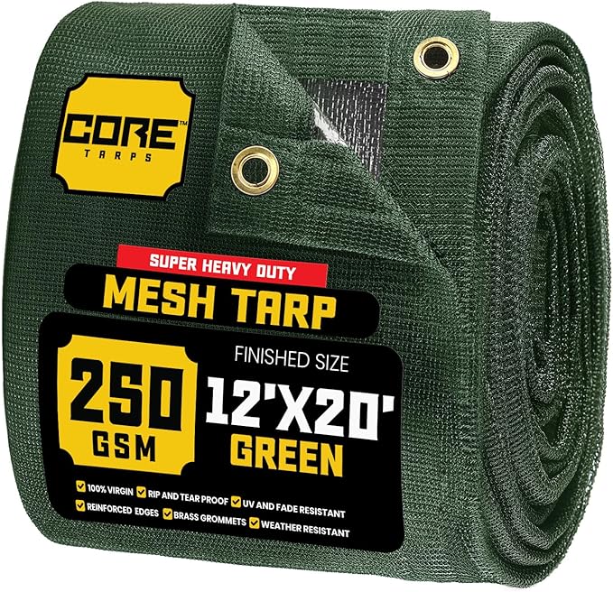 Core Tarps 60% Green Shade Cloth with Grommets - 12 X 20 FT Heavy Duty Mesh Tarp - Sun Shade Cloth for Garden Vegetables Plants Greenhouse Outdoors Backyard Fences Dump Trucks Patio Mesh Shade Tarp