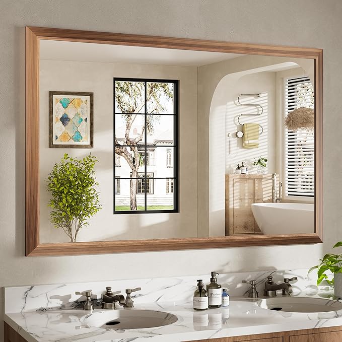 55x36 Inch Bathroom Mirror for Wall, Anti-Rust Walnut Wood Grain Metal Framed