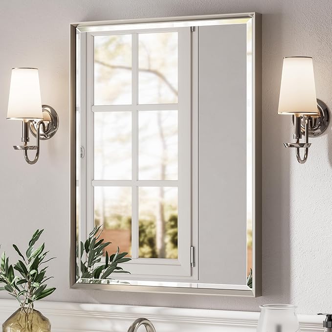 Brushed Nickel Bathroom Mirror, 24x32 Inch Beveled Framed Bathroom Mirror
